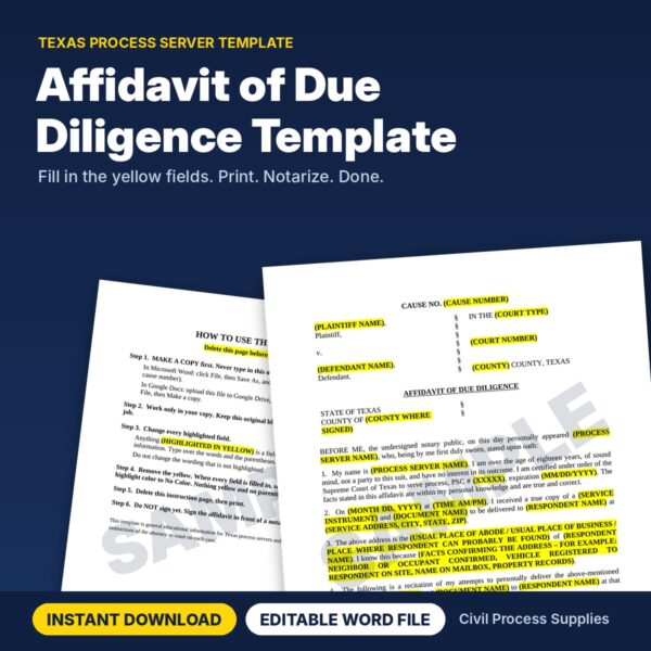 Texas Affidavit of Due Diligence template for process servers, editable Word file with yellow highlighted fields